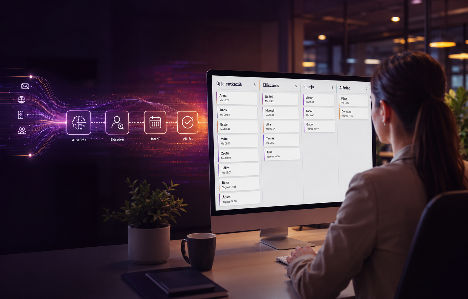 HR-munkatárs egy digitális jelentkezőkezelő folyamatot követ a monitoron